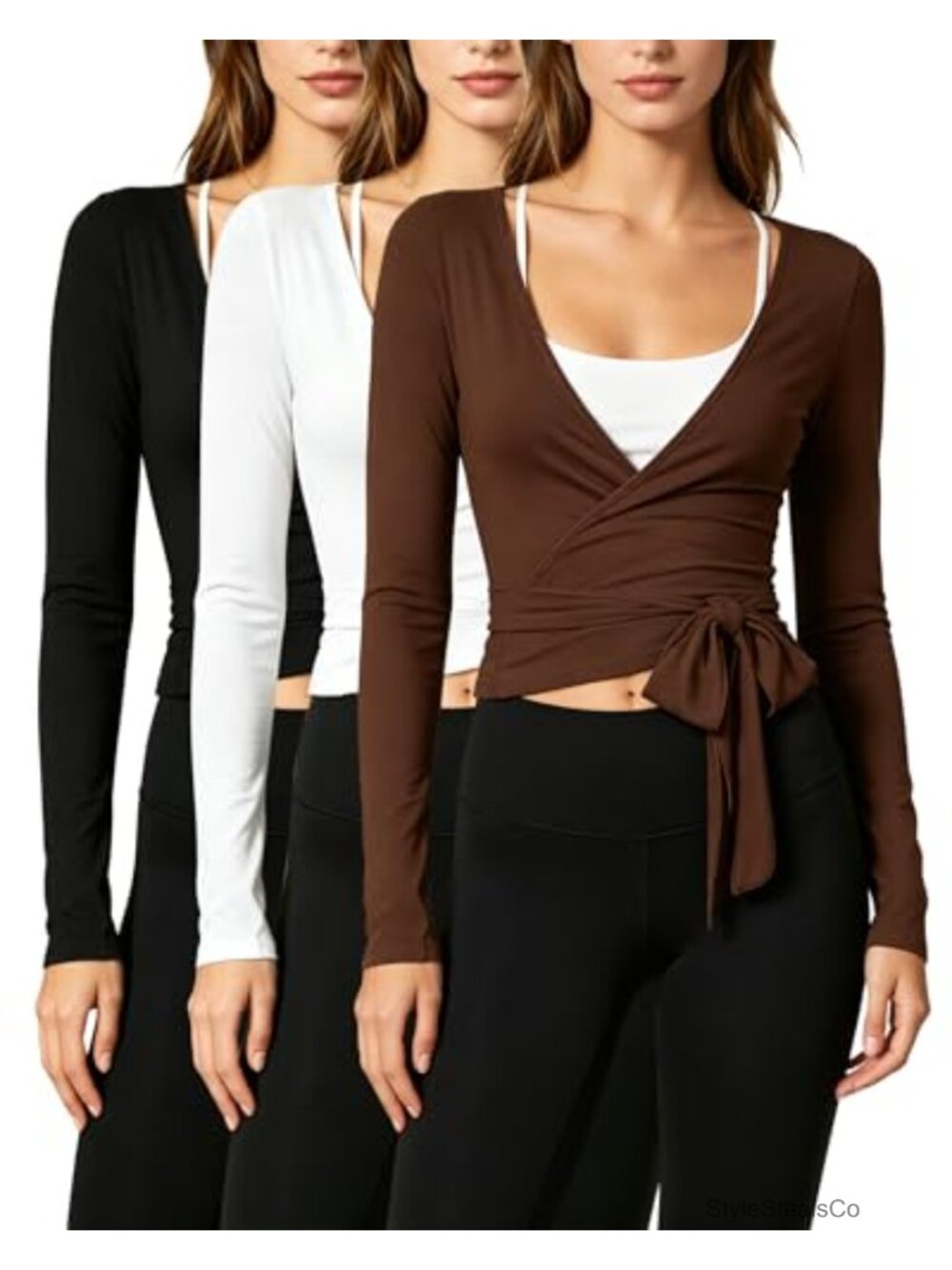 3 Pack Women Tie Wrap Top Long Sleeve Ballet Pilates Workout Shirt